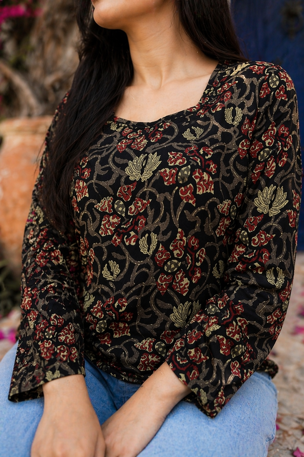 Floral Bell Sleeve Short Kurti
