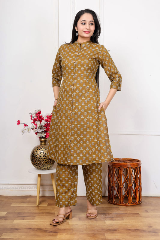 Jaipuri Printed A-Line Kurti Plazo Set