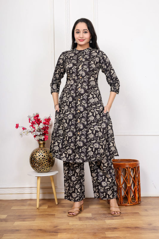 Jaipuri Printed A-Line Kurti Plazo Set