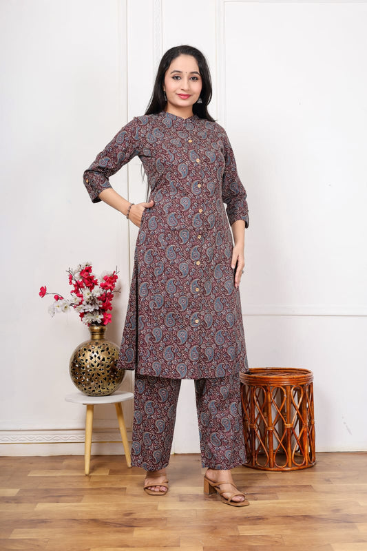 Jaipuri Printed A-Line Kurti Plazo Set
