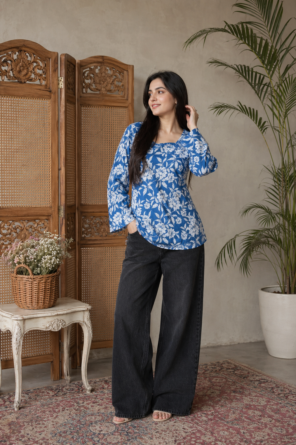 Floral Bell Sleeve Short Kurti