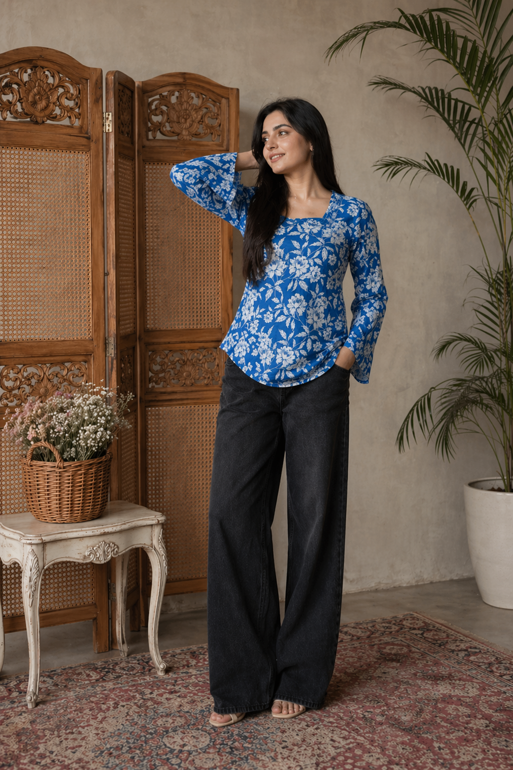 Floral Bell Sleeve Short Kurti