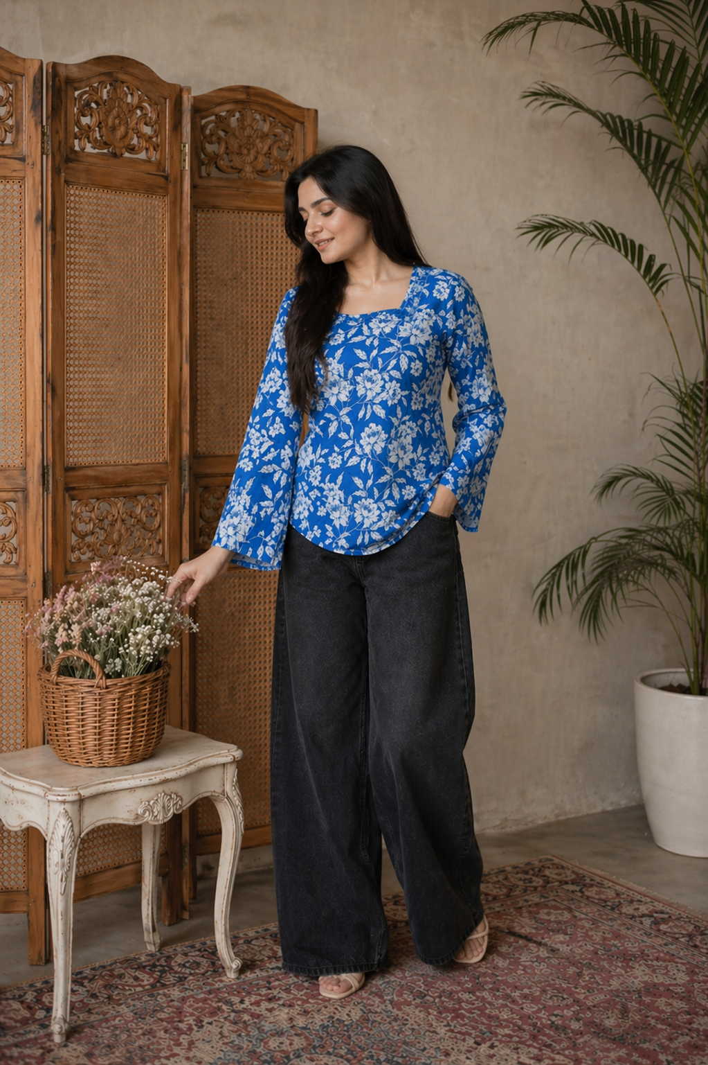 Floral Bell Sleeve Short Kurti