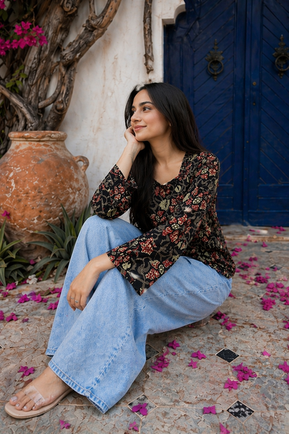 Floral Bell Sleeve Short Kurti