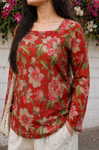 Floral Bell Sleeve Short Kurti