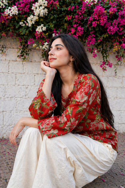 Floral Bell Sleeve Short Kurti