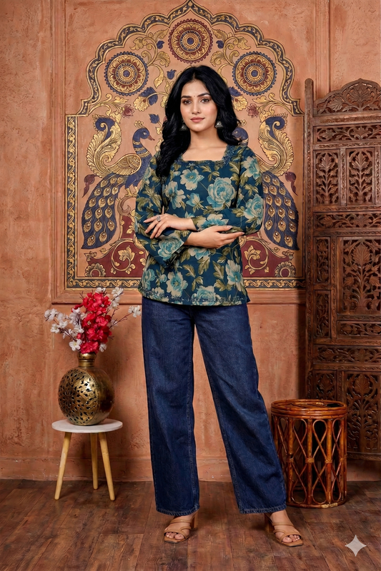 Floral Bell Sleeve Short Kurti