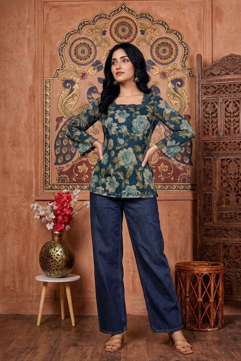 Floral Bell Sleeve Short Kurti