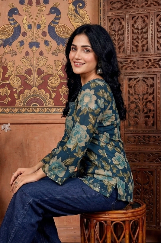 Floral Bell Sleeve Short Kurti
