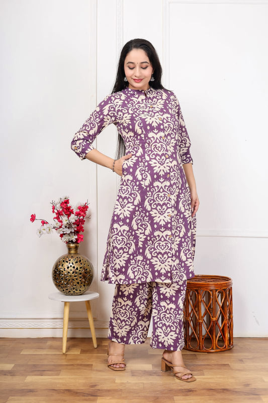 Jaipuri Printed A-Line Kurti Plazo Set