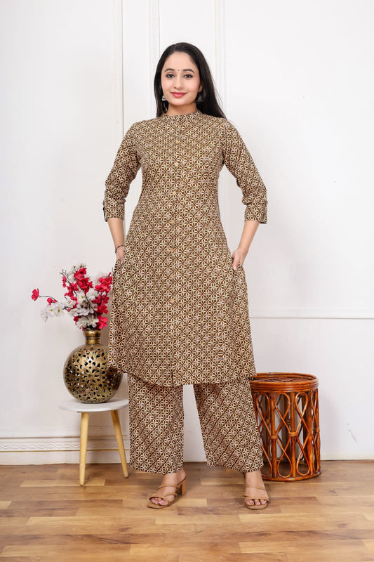 Jaipuri Printed A-Line Kurti Plazo Set