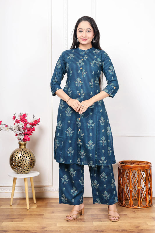 Jaipuri Printed A-Line Kurti Plazo Set