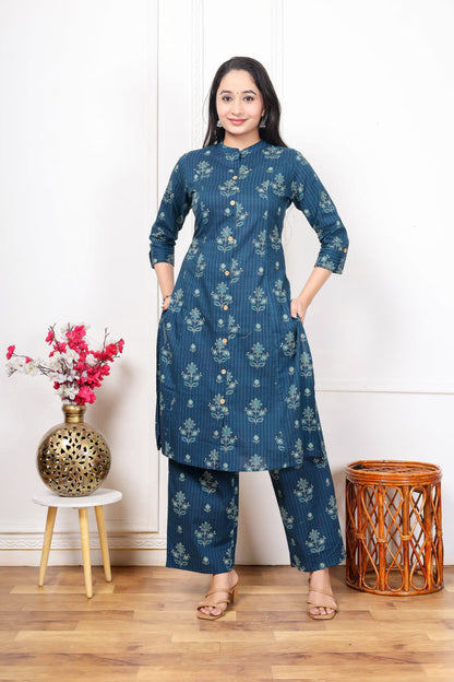 Jaipuri Printed A-Line Kurti Plazo Set