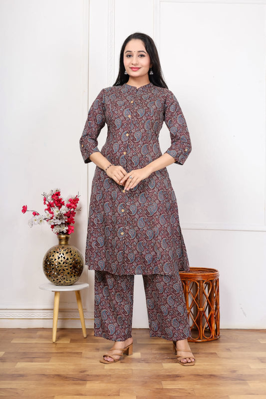 Jaipuri Printed A-Line Kurti Plazo Set