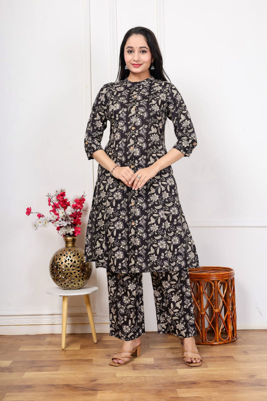 Jaipuri Printed A-Line Kurti Plazo Set